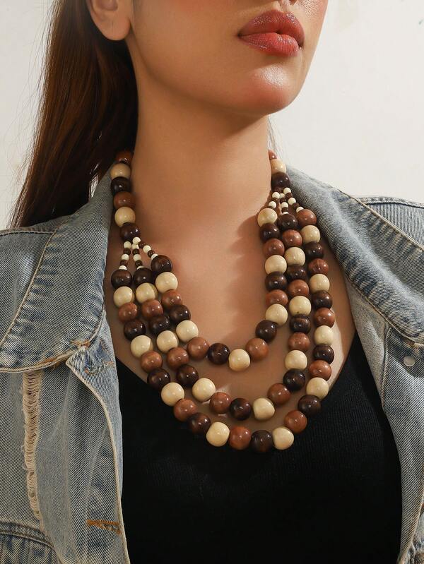 Collana multistrato fatta a mano con perline di legno, adatta per occasioni europee, africane, da viaggio, quotidiane e da festa