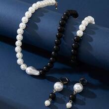 1 件优雅黑白仿珍珠项链，分层设计，时尚手工串珠项链，适合女士 - 紅白拼色 - 查看 8