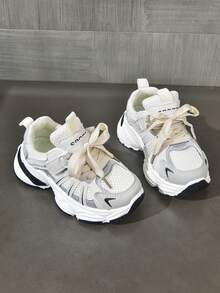 时尚银色双层网眼儿童透气运动鞋，男女款轻便休闲运动鞋，防滑秋冬 - 銀色 - 查看 4