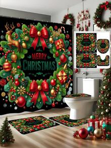 1/3/4 Stücke Weihnachts Duschvorhang Set, Weihnachts Schleife und Geschenk Muster bedruckter Badezimmer Fenster Duschvorhang Set, Badezimmer Set beinhaltet rutschfeste Badematte, U-förmige Toilettenvorleger, Toilettendeckel Abdeckung und Duschvorhang Zubehör, geeignet für Badezimmer Dekoration, Heimdekoration und Duschdekor, Feiertags Geschenk, Feiertags Dekoration, Weihnachtsdekoration
