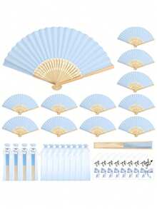 3/15/30pcs/Set, Folding Handheld Fan Set, Wedding Gift Set, Foldable Fan, Thank You Card Label And Organza Bag, DIY Fan, Souvenir Gift, Wedding Table Decoration, Wedding Gift, Suitable For Wedding Celebration - 藍色 - 查看 1