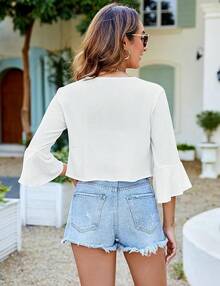 LOMON 3/4 Sleeve Cropped Cardigan Women Lightweight Open Front Bolero Shrug Dresses - 白色 - 查看 3