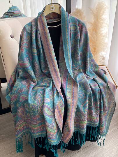 1pc Women's Elegant Paisley Jacquard Faux Cashmere Scarf, Bohemian Style Fashion Versatile Tassel Shawl Wrap, Reversible Warm Accessory For Daily, Outdoor, Travel For Dress