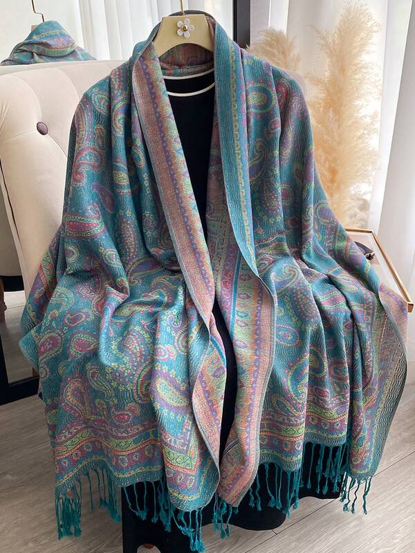 1pc Women's Elegant Paisley Jacquard Faux Cashmere Scarf, Bohemian Style Fashion Versatile Tassel Shawl Wrap, Reversible Warm Accessory For Daily, Outdoor, Travel For Dress