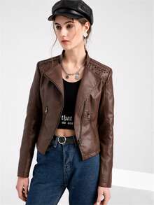 New Arrival Women Spring Autumn Faux Leather Jacket, Slim Fit Short Motorcycle Jacket - Coffee Brown - View 5