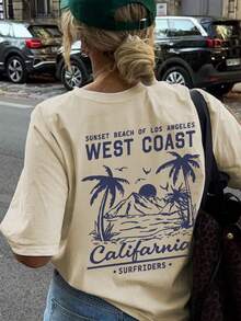 女士新款夏季休闲圆领短袖T恤，简约百搭的棕榈树标语印花，适合日常穿着。图案T恤，女士白色上衣，黑色上衣，粉色上衣，度假装扮。