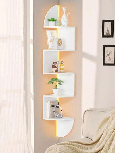 1pc Wall Mount Storage Rack, Creative 5-Tier Semicircle Corner Shelves Wall Hanging Bookshelf (No Light Strip Included)