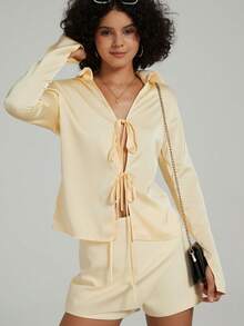 Se-Hore Women's Fashion Solid Color Satin Texture Tie Decor Casual Long Sleeve Cardigan - Light Yellow - View 5