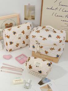 1 Piece Beige Strip Print Cosmetics Storage Bag Cute Brown Bear Pattern Make Up Bag Practical Makeup Bag Set Large Capacity Cosmetics Organizer Bag Foam Quilted Travel Toiletry Bag Lovely Cartoon Pattern Makeup Pouch Multi-Functional Items Storage Bag