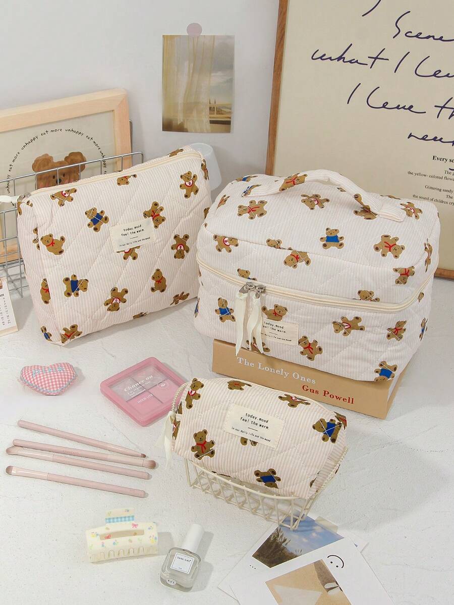 1 Piece Beige Strip Print Cosmetics Storage Bag Cute Brown Bear Pattern Make Up Bag Practical Makeup Bag Set Large Capacity Cosmetics Organizer Bag Foam Quilted Travel Toiletry Bag Lovely Cartoon Pattern Makeup Pouch Multi-Functional Items Storage Bag