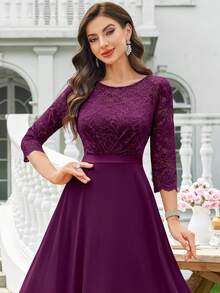 MIUSOL Đầm maxi dự tiệc trang trọng tay lửng 3/4 bằng chiffon, cổ tròn, ren hoa, thanh lịch dành cho nữ, đầm dạ hội, đầm dự đám cưới, đầm tốt nghiệp, đầm dạ tiệc, đầm dự tiệc trang trọng. - Màu Tím - Xem 8