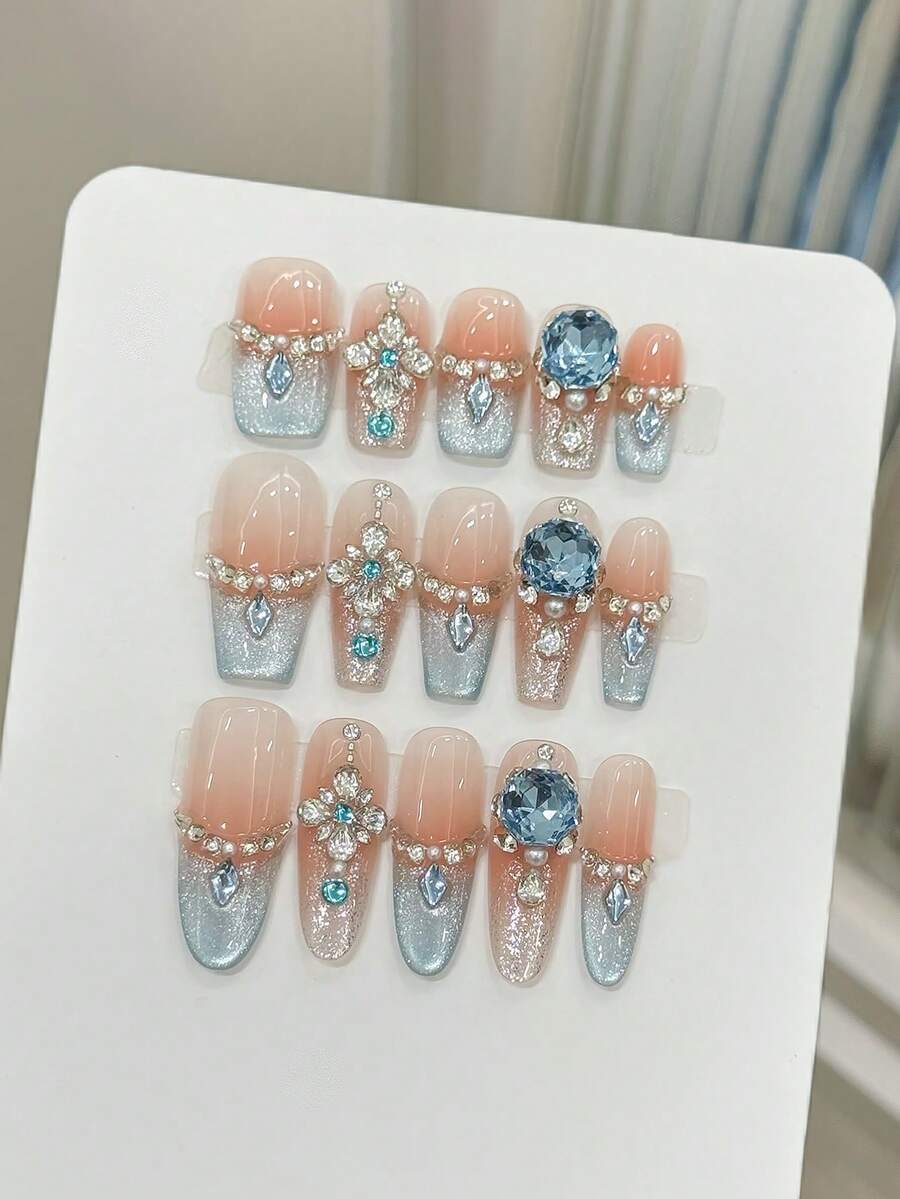 10片蓝色猫眼水钻手工亚克力美甲贴纸，3D立体花卉全钻法式美甲贴纸，腮红情人节婚礼新娘美甲，亮泽全覆盖假指甲，包含果冻胶和指甲锉，DIY美甲用品，甜美可爱派对假指甲 - 藍色 - 查看 1