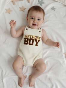 Infant Baby Boy Romper Fashionable Letters Embroidery Square Neck Sleeveless Jumpsuits - 杏色 - 查看 4