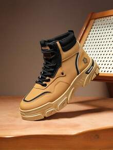 Men's Casual Work Boots - Durable Non-Slip Thick Sole Suitable For Hiking And Outdoor Activities, Lace-Up Faux Leather Shoes, Wear-Resistant Plus Size Boots