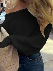 ii Asymmetric Shoulder Casual Women Sweater With Stylish Design - Black - View 3