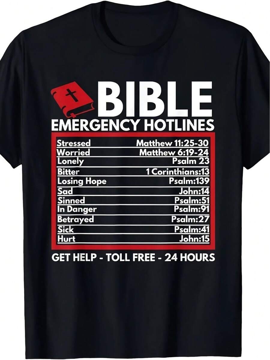 Men's Funny Christian Bible Emergency Numbers T-Shirt - 24-Hour Prayer Bible Verse Design With 1-Psalms, Matthew, Mark, Luke, John, Romans, Corinthians, Galatians, Ephesians, Philippians, Colossians, Thessalonians, Timothy, Titus, Philemon, Hebrews, James, Peter, Jude, Revelation - 100% Cotton Casual Round Neck Short Sleeve Tee For Church, Bible Study & Christian Gifts - Summer Wear - Black - View 1