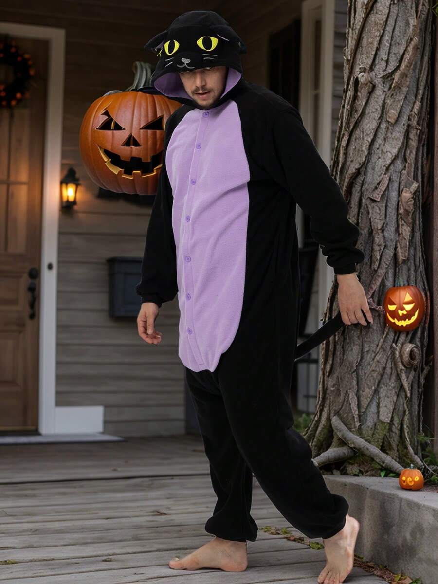 Adult Men's Cat Cartoon One-Piece Pajamas Autumn And Winter Thickened Animal One-Piece Pajamas Hooded Warm Home Clothes Halloween Costume Christmas Role Play Party Costume - 黑色 - 查看 1