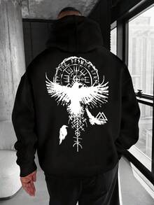 Sudadera con capucha de hombre azul marino con estampado geométrico de cuervo - Diseño de cordón ajustable, bolsillo canguro,% poliéster, lavable a máquina, ajuste regular, suéter casual de cuatro estaciones, moda urbana, patrón llamativo, sudadera cómoda, sudadera impresa, ropa de estar, estilo urbano, tela de poliéster, cómoda de usar - Negro - Ver 1