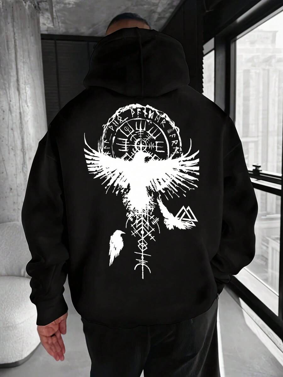 Sudadera con capucha de hombre azul marino con estampado geométrico de cuervo - Diseño de cordón ajustable, bolsillo canguro,% poliéster, lavable a máquina, ajuste regular, suéter casual de cuatro estaciones, moda urbana, patrón llamativo, sudadera cómoda, sudadera impresa, ropa de estar, estilo urbano, tela de poliéster, cómoda de usar - Negro - Ver 1