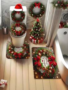 1/3/4 Stücke Weihnachts Duschvorhang Set, Weihnachts Schleife und Geschenk Muster bedruckter Badezimmer Fenster Duschvorhang Set, Badezimmer Set beinhaltet rutschfeste Badematte, U-förmige Toilettenvorleger, Toilettendeckel Abdeckung und Duschvorhang Zubehör, geeignet für Badezimmer Dekoration, Heimdekoration und Duschdekor, Feiertags Geschenk, Feiertags Dekoration, Weihnachtsdekoration