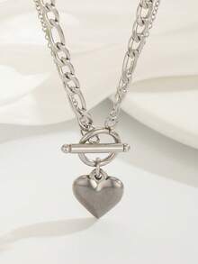 1 件时尚流行心形吊坠不锈钢项链，适合青少年男孩女孩朋克嘻哈街头饰品，适合日常佩戴 - 銀色 - 查看 3