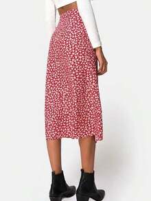 Rosa Lunares Impreso Cintura Alta Estiramiento Envoltura Cadera Split Falda Larga Halter Falda lápiz elástica de cintura alta con estampado de lunares y abertura, falda larga evasé con estampado de leopardo Faldas de Mujer - Rosa Roja - Ver 6