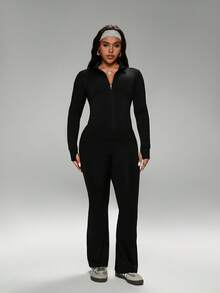 FWH Conjunto de invierno de talla grande con puños con agujero para el pulgar, con cremallera delantera, campana alargadora de piernas, chic de lujo de rendimiento de estilo retro futurista, conjunto de entrenamiento de cuello alto, ropa de yoga con cremallera, pantalones acampanados con control de abdomen, conjunto de ropa deportiva térmica, chaqueta con cremallera y cuello alto y pantalones de yoga acampanados para mujer, conjunto de 2 piezas para mujer - Negro - Ver 6