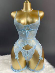 3 Pcs Women's Sexy Lingerie Set - Floral Lace Backless Nightgown With Garter Belt, Satin Bow & Ruffle Thigh Cuffs, V-Neck Bra & Thong, Seductive Bedroom Sleepwear For Valentine's Day Theme Parties, Romantic Shapewear Gift - 淺藍色 - 查看 3