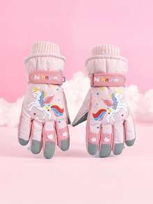 1 Pair Kids Cartoon Pattern Winter Warm Outdoor Sports Snow Ski Gloves, Waterproof And Windproof