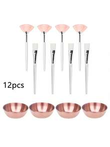 12 piezas de suministros de belleza, set de brochas para mascarilla - herramientas de brochas para mascarilla, 4 tazones de mascarilla en color oro rosa, 4 brochas en forma de abanico para mascarilla, 4 brochas, suministros de belleza, cuidado de la piel y facial DIY