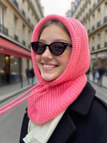 1件女士抽绳仿领拉法帽，户外滑雪保暖针织面颈防护连帽斗篷，适合冬季防寒，颜色和款式随机发货，圣诞礼物 - 抽繩粉紅色 - 查看 8