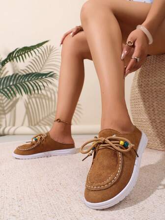 2024 New Women's Bohemian Style Mules, Black/Brown Suede Mules With Colorful Bead Decor & Lace - Up Design, Comfortable Soft Velvet - Like Mules, Lightweight Wear - Resistant Rubber Sole, Fashionable Versatile Daily Wear Mules, Easy - To - Match Indoor Outdoor Casual Mules, Popular Must - Have Item For Daily Outfits, Parties, Street Style