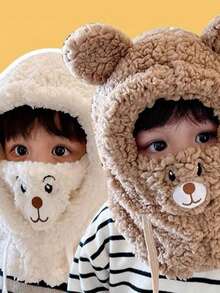 1 Cartoon Bear Plush Hat, Parent-Child With Scarf And Mask, 3-In-1 Fleece Earmuffs, Soft Double Layer, Elastic Drawstring Closure, 100% Polyester, Hand Wash, Lightweight And Suitable For Autumn And Winter Seasons, Daily Wear On Christmas - Multicolor - View 5