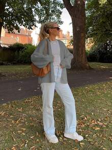 Women Long Sleeve V Neck Cardigan Regular Length With Pockets Medium Stretch Fabric - Grey - View 5