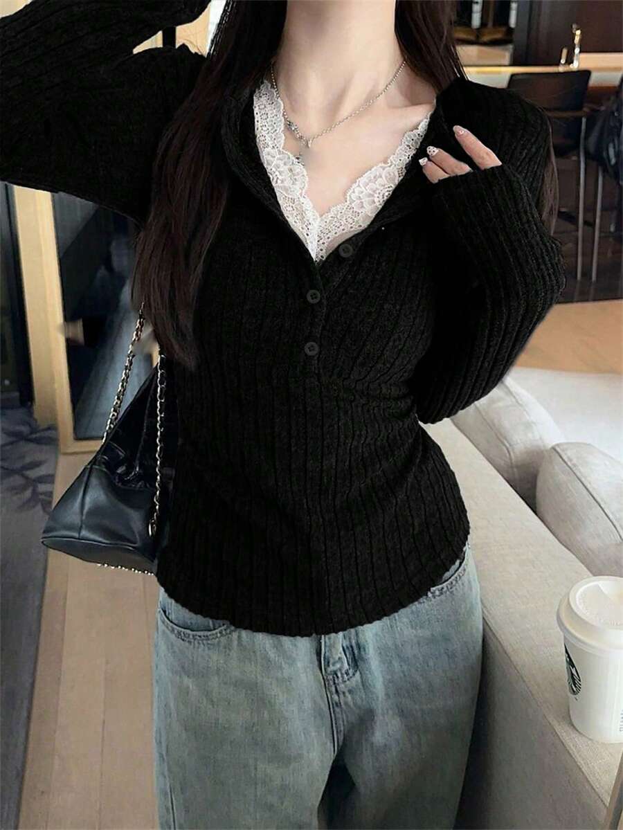 2-In-1 Fleece Knit Undershirt For Women, Fitted Lace Trim Crop Top, Autumn/Winter - Black - View 1