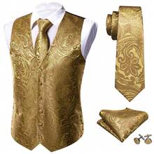 Plus Size Mens Waistcoat Gold Floral Vest Tuxedo Gilet Tie Pocket Square Cufflinks Set Wedding Formal Casual Business Party - 金色 - 查看 1
