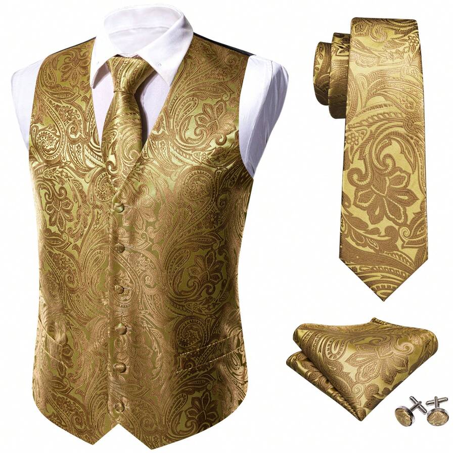 Plus Size Mens Waistcoat Gold Floral Vest Tuxedo Gilet Tie Pocket Square Cufflinks Set Wedding Formal Casual Business Party - 金色 - 查看 1