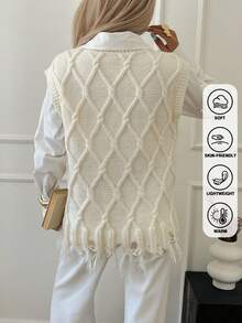 Fall Winter Women's Argyle Sweater Vest, Cozy Knitted Sleeveless Pullover V-Neck Top, Vintage V-Neck Slimming Distressed Fringe Detail Vest, Preppy, Chic Sweater Vest For Women - Multicolor - View 2