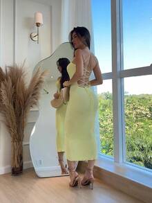 Women's Plain Dress, Spring Summer, Braided Back, High Quality Modal Yarn, Summer 2026 - Vàng bb - Xem 2