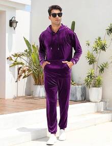 Mens 2 Piece Velour Hoodie Tracksuit Long Sleeve Velvet Hooded Pullover Casual Athletic Jogging Sweatsuit Set-2025 - 紫色 - 查看 8