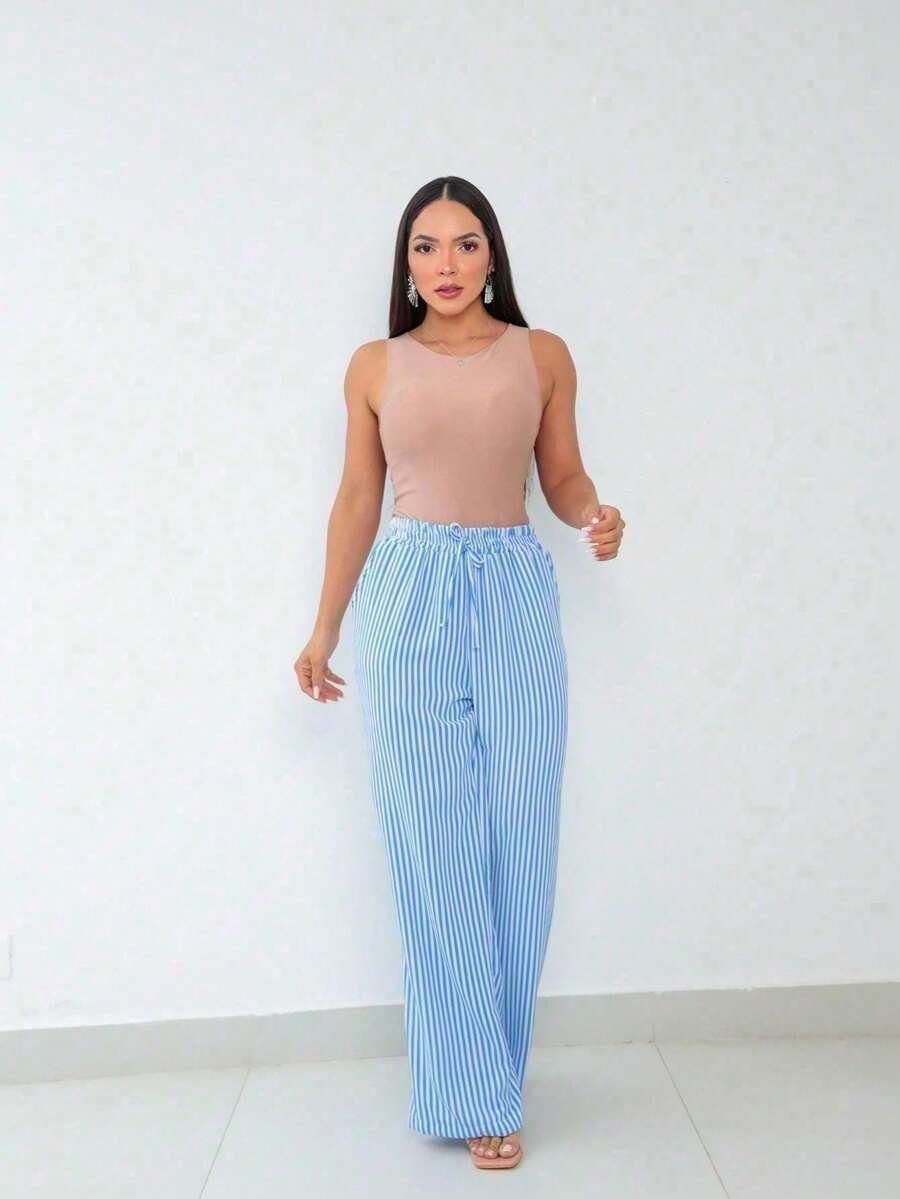 Wide Leg Striped Elastic Palazzo Pants With Pockets - Blue - View 1