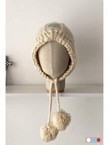 1 件马海毛面料小标志绒球针织护耳帽，适合女士，秋冬，厚实保暖的捕兽帽，可爱百搭