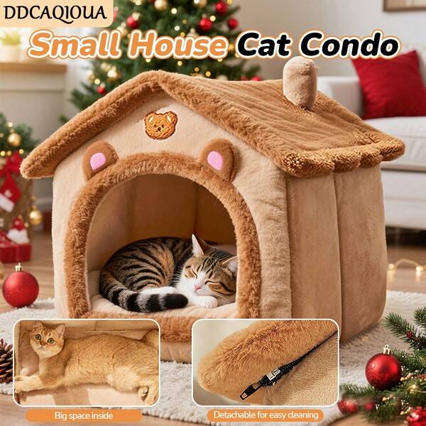 DDCAQIOUA Cuccia per cani e gatti migliorata, cuccia per gatti, graziosa cuccia a forma di orso bruno, design pieghevole con cuscino rimovibile, lavabile in lavatrice, versione rinforzata extra large, comoda e calda, cuccia per gatti semi-chiusa che offre sufficiente ai gattini, accessori per animali domestici, cuccia per gatti per tutte le stagioni, adatta a gattini e cuccioli per riposare e dormire.