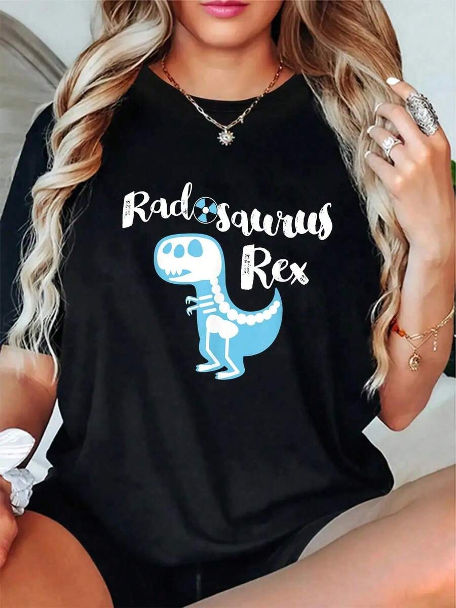 100% Cotton Cute X-Ray Tech TShirt, Radiology Dinosaur Graphic Gift T-Shirt Women's Men's Summer Comfort Soft Crew Neck Tee Tops - Black - View 1