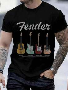 100% Cotton Vintage Guitar Lineup T-Shirt Funny Printed Men's T-Shirt - 黑色 - 查看 1