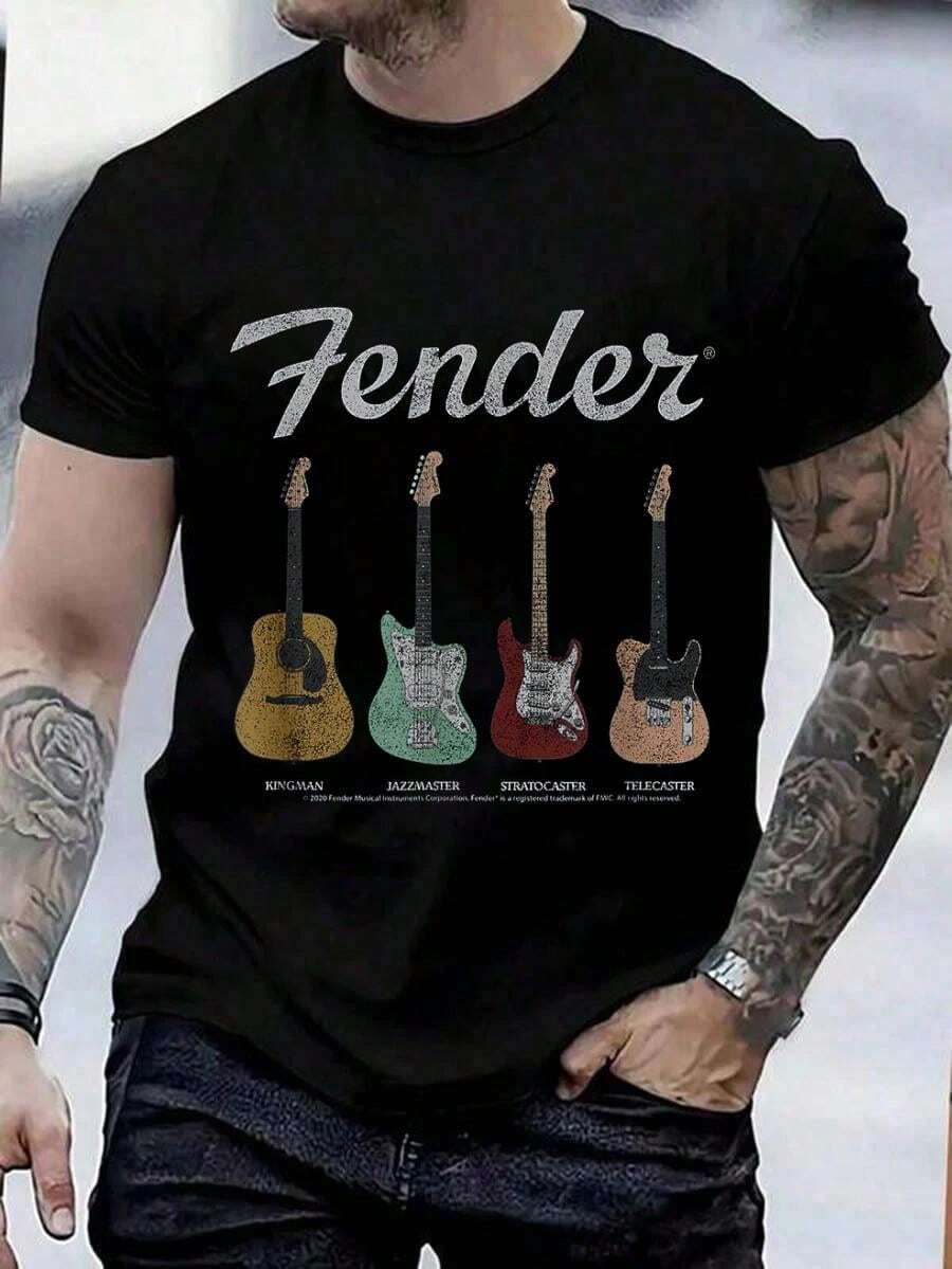 100% Cotton Vintage Guitar Lineup T-Shirt Funny Printed Men's T-Shirt - 黑色 - 查看 1