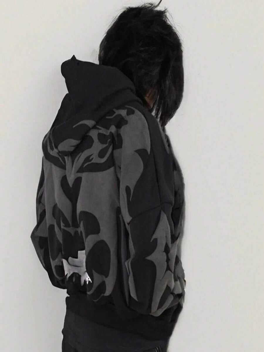 Y2K Gothic Print Hoodie For Men And Women - Dark Fashion Zip-Up Sweatshirt, Stylish & Casual Streetwear For All Seasons - 黑色 - 查看 1