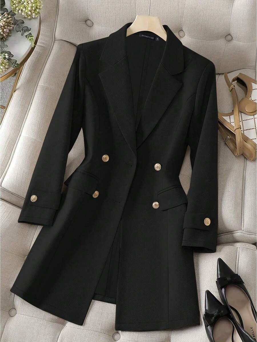 HOMEYEE Plus Size Vintage Casual Blazer Jacket With Lapel Collar, Double-Breasted, Long Sleeve, Suitable For Business, Daily Wear, And Vacation