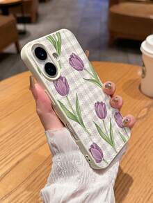 1PC Fresh Striped Tulip Flower Pattern TPU Material Woven Texture Phone Case Compatible With Iphone 17Promax/17Air/17/16E/16Promax/13/16/15Promax/14Pro/15/17Pro/16Pro/12/11Promax/12Pro Fashion Protective Soft Case, Personalized Design For Women - Multicolor - View 2
