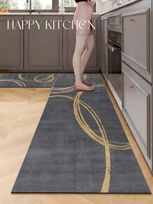 1pc Silica Gel Kitchen Mat, Dark Gray Base Color With Asymmetrical Golden Circular Pattern, Overlapping Design For Modern And Fashionable Look, Matching "HAPPY KITCHEN" Casual Vibe, Luxury And Stylish Kitchen Carpet With Cushion And Absorbent Surface